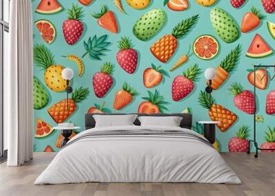 Seamless summer pattern with watermelons, pineapples, strawberries, and carrots, fruits, vegetables, seamless Wall mural