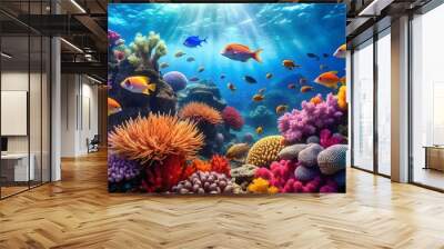 Vibrant underwater scene of a colorful reef with diverse marine life swimming among coral formations, marine life, colorful, diverse Wall mural