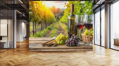 Wine bottles, glasses, grapes, and corkscrew on rustic wooden table in vineyard setting, wine, still life, vineyard Wall mural