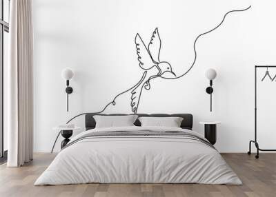 Flying hummingbird bird continuous line drawing. Simple linear style bird logo. Vector icon contour illustration. Wall mural