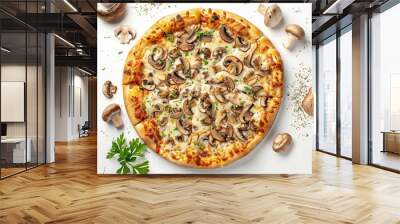 28 Pizza with truffle oil mushrooms and Parmesan white background bird's-eye view Wall mural