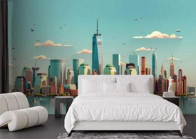 7 United States buildings flat design worm's-eye view metropolitan theme water color vivid Wall mural