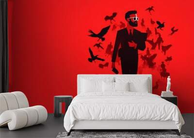 A striking image of a man in a suit surrounded by swirling birds against a vivid red background, symbolizing freedom and creativity. Wall mural