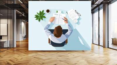 Businessman reading reports at desk flat design top view business analysis theme animation Triadic Color Scheme Wall mural