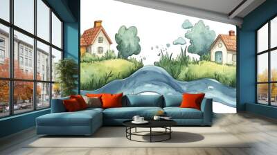 Charming watercolor scene of two houses beside a serene river, surrounded by lush greenery and gentle waves. Wall mural