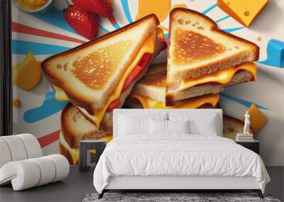 Delicious grilled cheese sandwiches stacked with melted cheese, surrounded by vibrant colors and playful food elements, creating fun and appetizing scene Wall mural