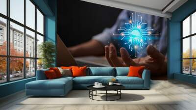 Blue Ai Artificial Intelligence Technology Concept. Brain and Circuit Line Ai Artificial Intelligence Icon on Businessman's Hand work With Laptop Computer Wall mural