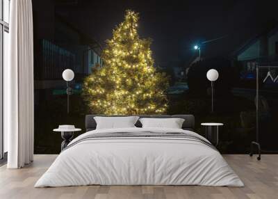 Outdoor christmass tree with yellow lights. Wall mural