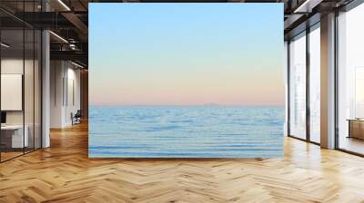 Blue water, tropical sea and Hawaii with clear sky in summer in nature on holiday. Natural background, sunshine and sunrise at the ocean and beach of Oahu outdoor with calm waves and mockup space Wall mural