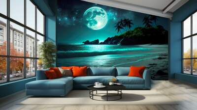 tropical beach at night with moon and sea Wall mural