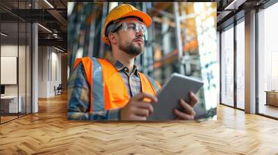 Engineer at construction site with digital tablet in his hand. He is in working clothes, safety helmet and safety glasses Wall mural