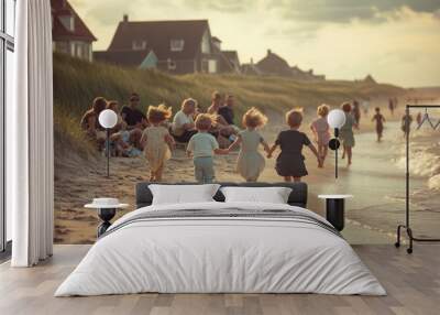 Group of children running and playing on the beach, coastline and parents in the background Wall mural