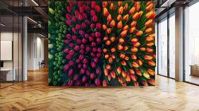 Rows of fresh colorful blossoming tulips from above. Wall mural