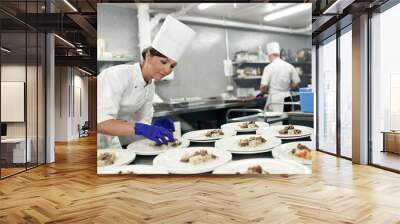 Making dinner into a masterpiece. Shot of a chef plating food for a meal service in a professional kitchen. Wall mural