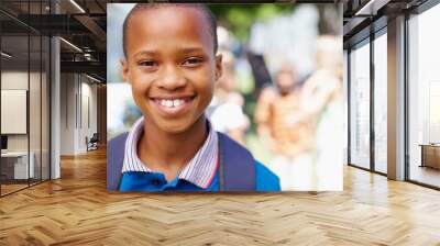 Portrait, education and campus with boy at school for learning, students and future development. African kid, knowledge and growth with child studying at STEM academy for class, montessori and youth Wall mural