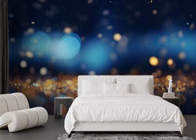 Abstract gold glitter lights on blue background Wall mural