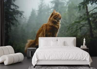 Adorable Maine coon cat standing in a misty forest, watching surroundings, beautiful kitten with orange fur, a wild yet domestic feline in the serene autumn nature landscape, fog outdoors Wall mural