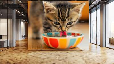 Adorable tabby kitten drinking water from a bowl in home, small furry feline, with cute paws and whiskers, closeup of the young sweet and pretty cat, home pet fluffy fur and healthy pedigreed kitty Wall mural