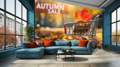 Autumn sale shopping cart filled with discounts for fall season, buy with special offers and promotions, yellow leaves or foliage, shopping, seasonal deals Wall mural