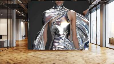 Beautiful fashion model in silver chrome dress surreal concept Wall mural