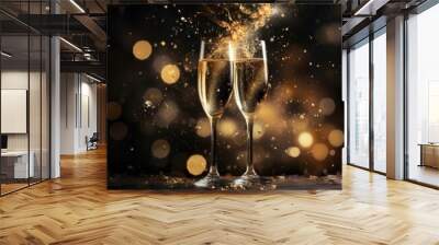 Celebration toast with champagne on dark and gold sparkle background Wall mural