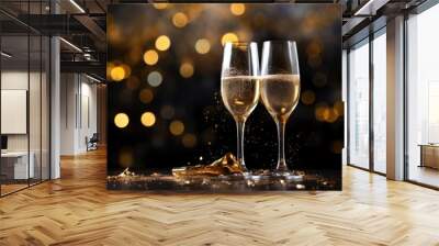 Celebration toast with champagne on dark and gold sparkle background Wall mural