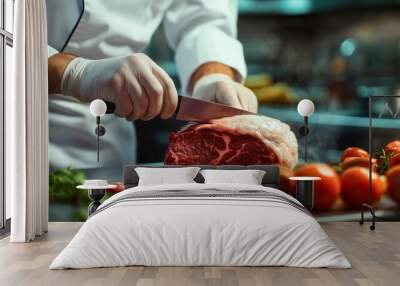 Chef preparing beef meat in the kitchen as a male cook handles a raw fillet with a knife, ready for cooking and slicing into a fresh steak on the cutting board Wall mural