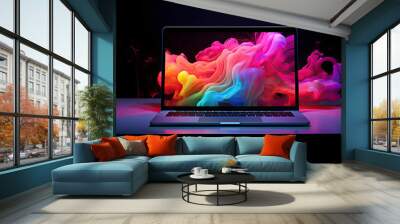 Colorful rainbow glow of a laptop against a dark background Wall mural