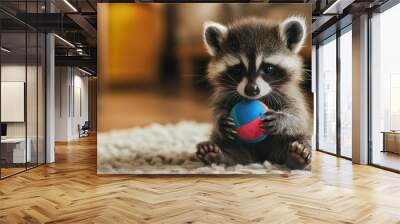 Cute baby raccoon playing with colorful ball in home, curious and playful animal sitting indoors, creating funny, adorable moments full of joy Wall mural