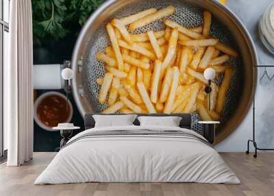 Delicious and crispy French fries frying in hot oil in pan on stove, closeup of tasty fast food. Freshly cooked potato sticks snack, lunch or dinner unhealthy dish, prepared at home or in a restaurant Wall mural