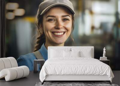 Happy female engineer in a factory: woman worker in manufacturing industry with machinery and equipment for production, occupation, and job in industrial workplace and engineering  Wall mural