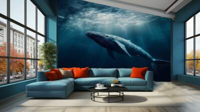 humpback whale swims in blue ocean underwater with marine mammal aquatic dive whale ocean swimming aquatic dive marine mammal wildlife nature Wall mural