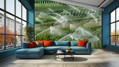 Irrigation of orchards in Italy on a sunny day in summer Wall mural