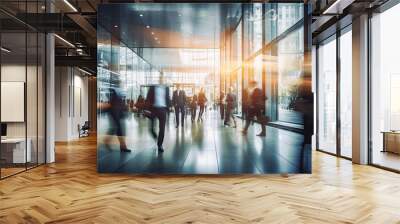 long exposure shot of a crowd of business people walking in a bright office lobby, fast-moving with blurriness. Generative AI Wall mural