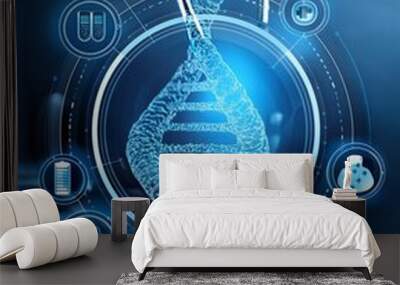 Medizintechnologie, Genetik, pharmazeutische Forschung. Stethoskop mit DNA und Medizin, begleitet von Gesundheitstechnologie-Symbolen. Digitale Gesundheitsversorgung und Netzwerkverbindung. Medizin un Wall mural