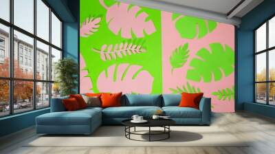 pink-green background on the green part pink jungle leaves on the pink part green jungle leaves, creative art tropical design Wall mural