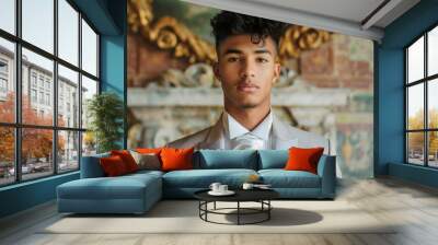 portrait of a young African American man, a male individual, teenager, or student dressed elegantly in a suit, with a white tie and shirt, ready for a celebration or school prom, people. Wall mural