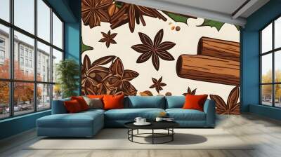 Abstract wallpaper illustration of Christmas spices like cinnamon sticks, star anise, and cloves Wall mural