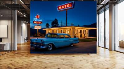 classic roadside motel with neon signs flickering in the twilight Wall mural