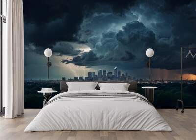 fluffy clouds drifting in a dark sky with distant thunderclouds Wall mural