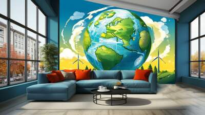 Illustration of a globe composed of triangular solar panels and swirling wind patterns, symbolizing global renewable energy Wall mural