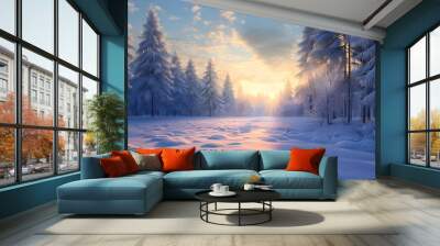 peaceful snowy forest clearing at dawn with snow softly blanketing the ground and frost-covered pine trees Wall mural