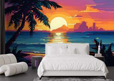 pixel art illustration of a tropical island paradise with palms and sandy beach Wall mural