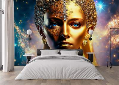 Face of a female model with bright golden makeup Wall mural