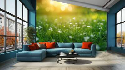 Beautiful natural spring landscape of a flower meadow on a clear sunny day. Lots of flowers and green grass. Blurred background with space for text. Close up Wall mural