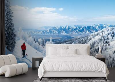 Winter adventure concept, skier enjoying while skiing, snowy mountains landscape in the background Wall mural