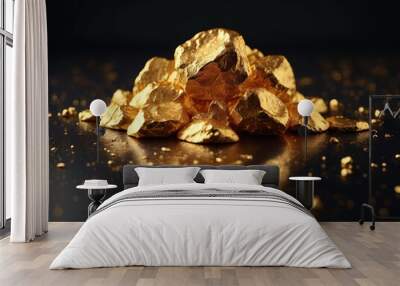 A heap of gold, a pile of raw gold stones. Golden nuggets. Golden stone on a black background. Financial banking business concept. The price of gold is rising, trading. Wall mural