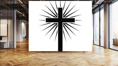 Cross with shining light isolated on a white background. A symbol of the love of Jesus. God vector illustration. Catholic symbol flat vector, black cross with glow. Christian cross symbol icon. Wall mural