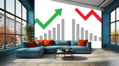 Graph going Up and Down sign with green and red arrows vector. Flat design vector illustration concept of sales bar chart symbol icon with arrow moving down and sales bar chart with arrow moving up. Wall mural