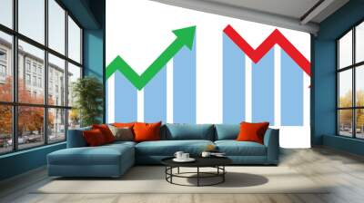 Graph going Up and Down sign with green and red arrows vector. Flat design vector illustration concept of sales bar chart symbol icon with arrow moving down and sales bar chart with arrow moving up. Wall mural